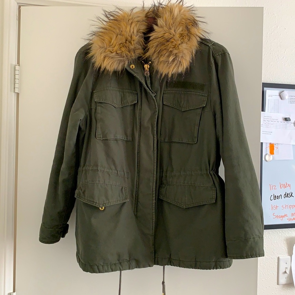 Green Utility Coat with removable fur collar
